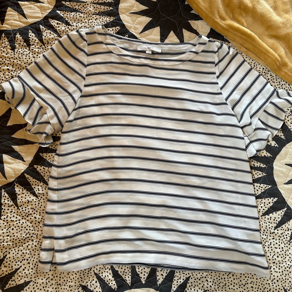 LOFT Striped Chiffon Ruffle Short Sleeve Blouse